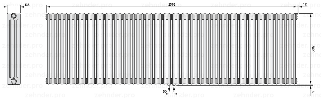 Схема (чертеж) Радиатор Zehnder Charleston 4300/56 №5410 Белый глянцевый RAL 9016